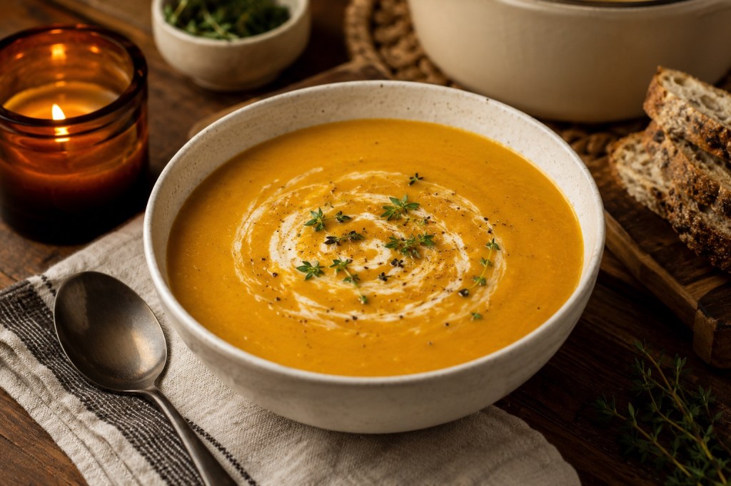 Creamy butternut squash soup in a speckled bowl, swirled with cream and fresh thyme, beside a lit candle and slices of rustic bread