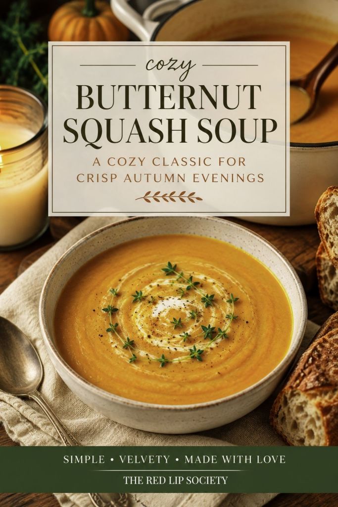 A bowl of creamy butternut squash soup garnished with a swirl of cream and fresh herbs, accompanied by slices of bread, set against a cozy autumn backdrop.